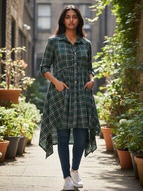 Asymmetrical Green Plaid Shirt Dress - Button-Front Tunic
